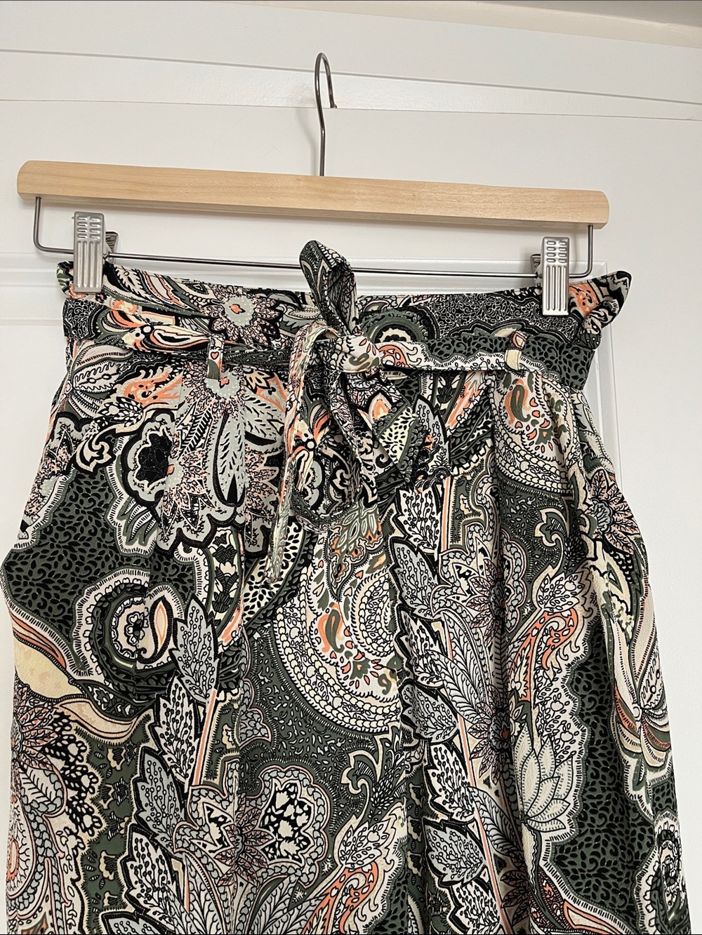 Zara Green Black Orange & Beige Multi Paisley Wide-Leg Flowy Pants Size XS